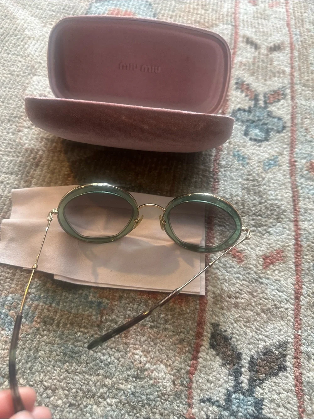 Miu Miu Green Round Frame Sunglasses with Pink Hard Case